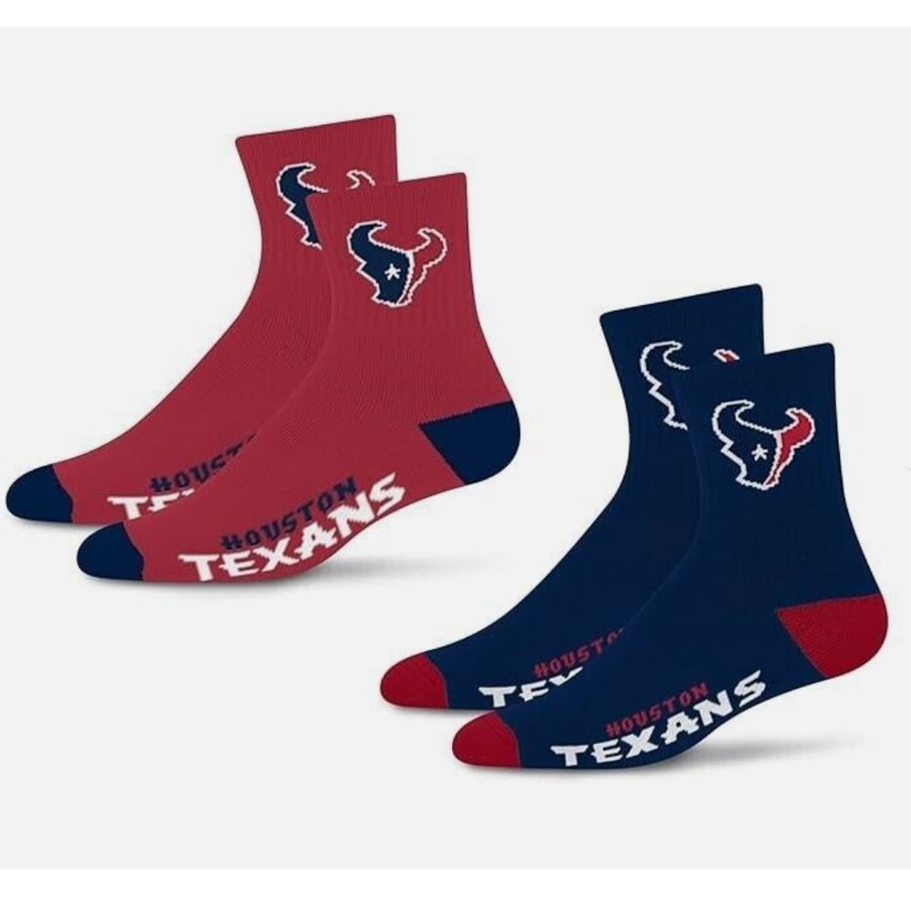 2 Pair - For Bare Feet Houston Texans Logo Quarter-Length Socks Navy & Red - LG